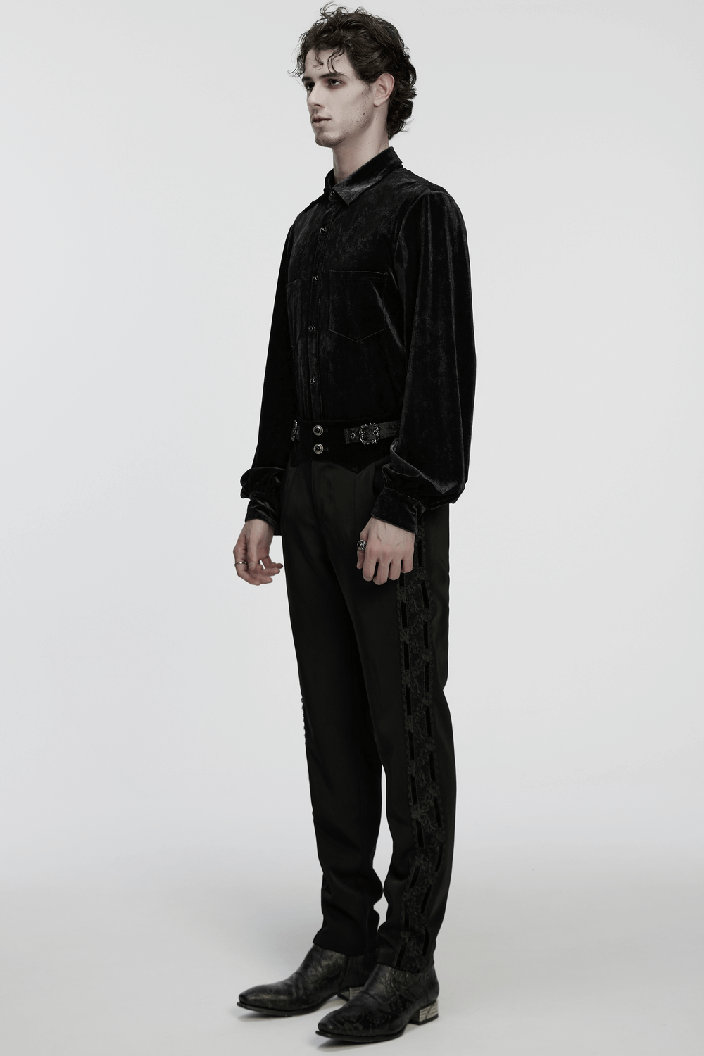 Male Velvet Trim Tailored Trousers with Lace Side Panels worn with a matching velvet shirt for a gothic look.