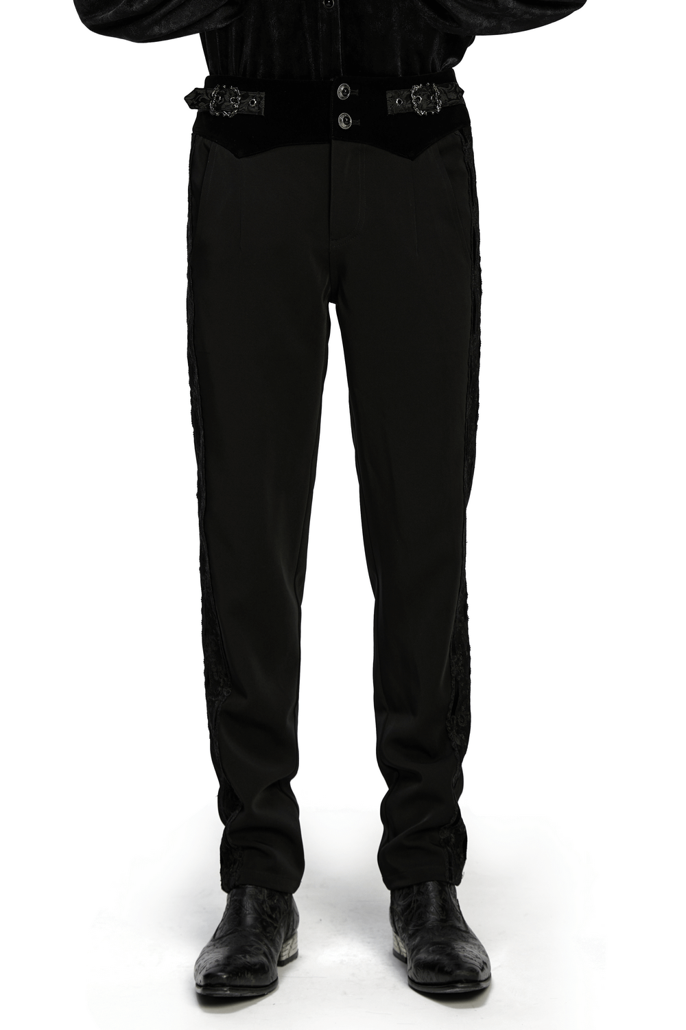 Male Velvet Trim Tailored Trousers with Lace Side Panels showcasing elegant gothic design and sleek fit.