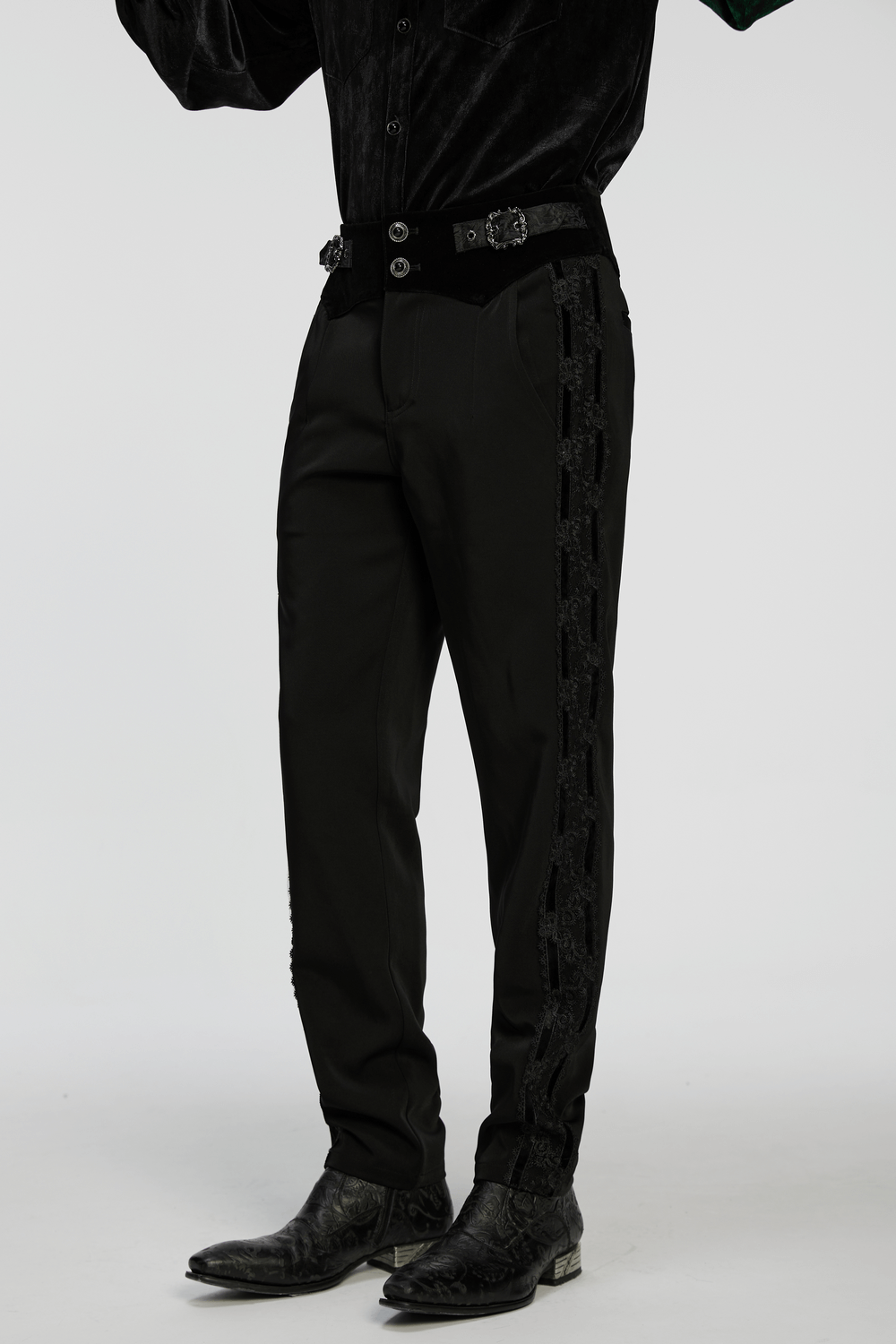 Male Velvet Trim Tailored Trousers with Lace Side Panels showcasing elegant gothic style and sleek silhouette.