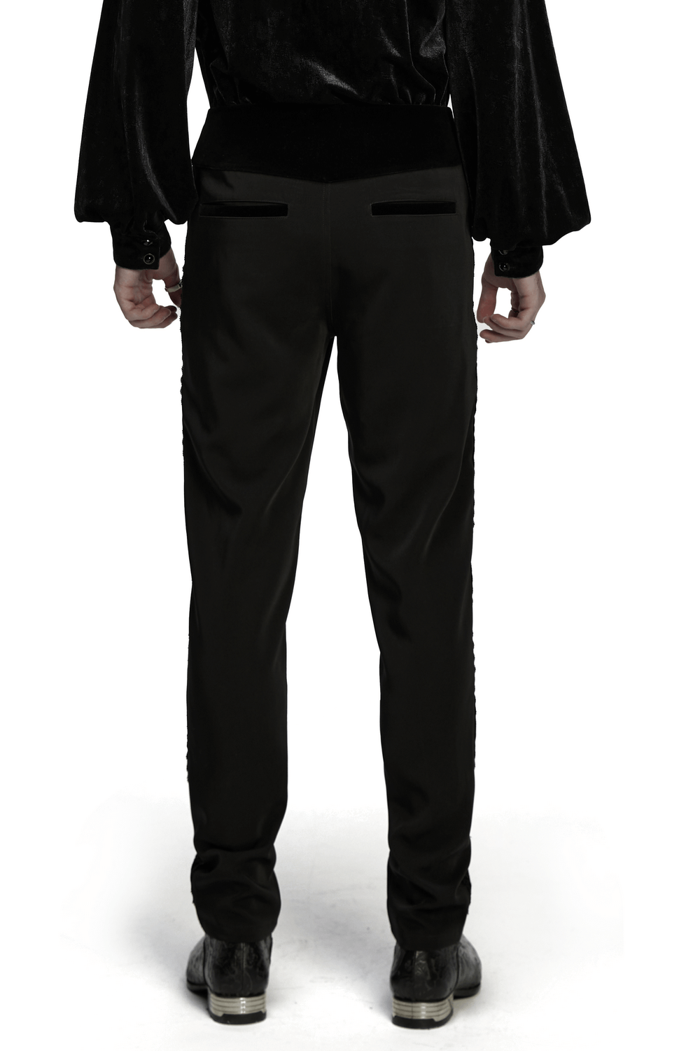 Male Velvet Trim Tailored Trousers with Lace Side Panels, showcasing a sleek design from the back.