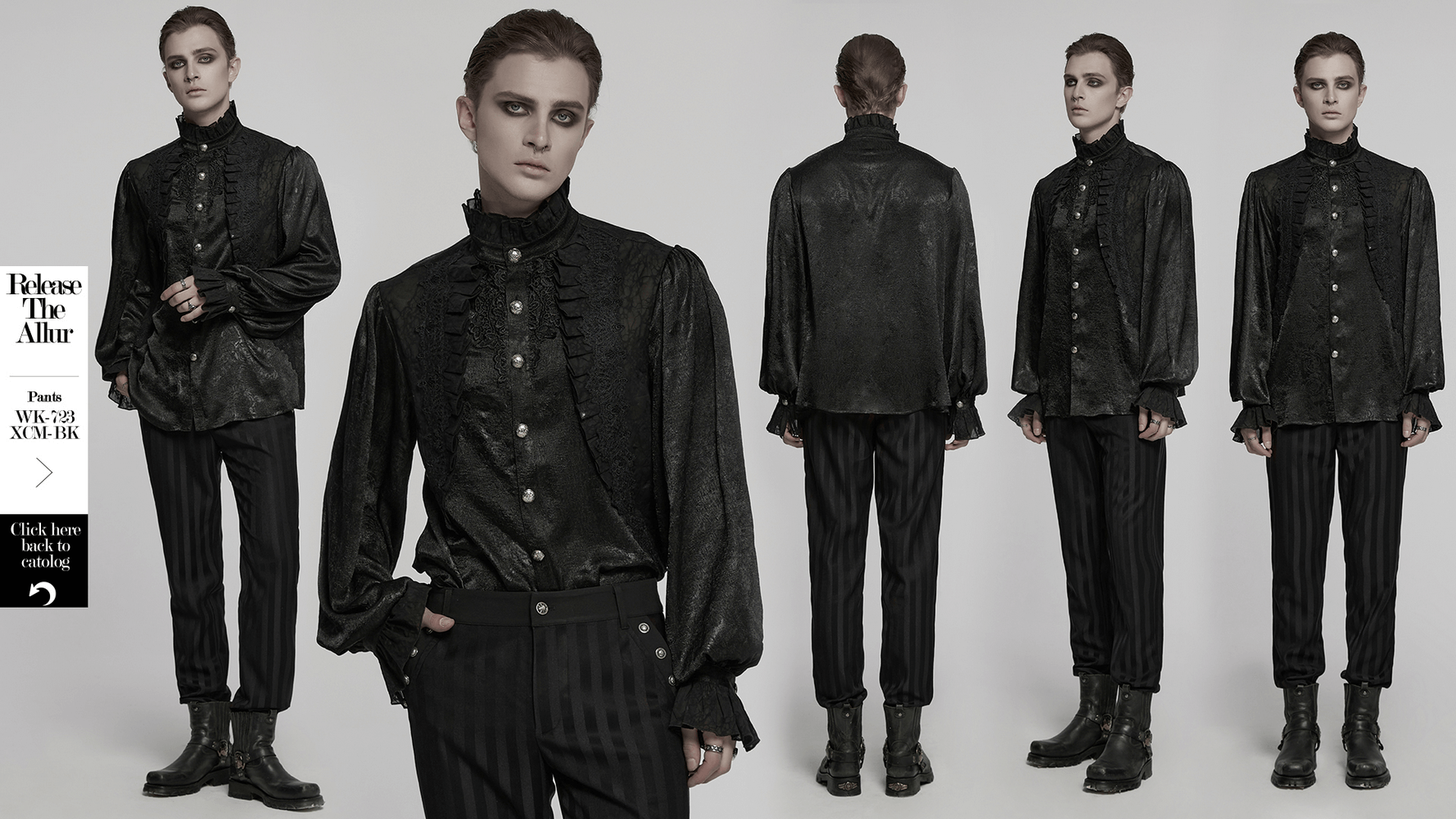 Male Victorian black shirt with lace, ruffled cuffs, and engraved buttons for a gothic and aristocratic fashion.