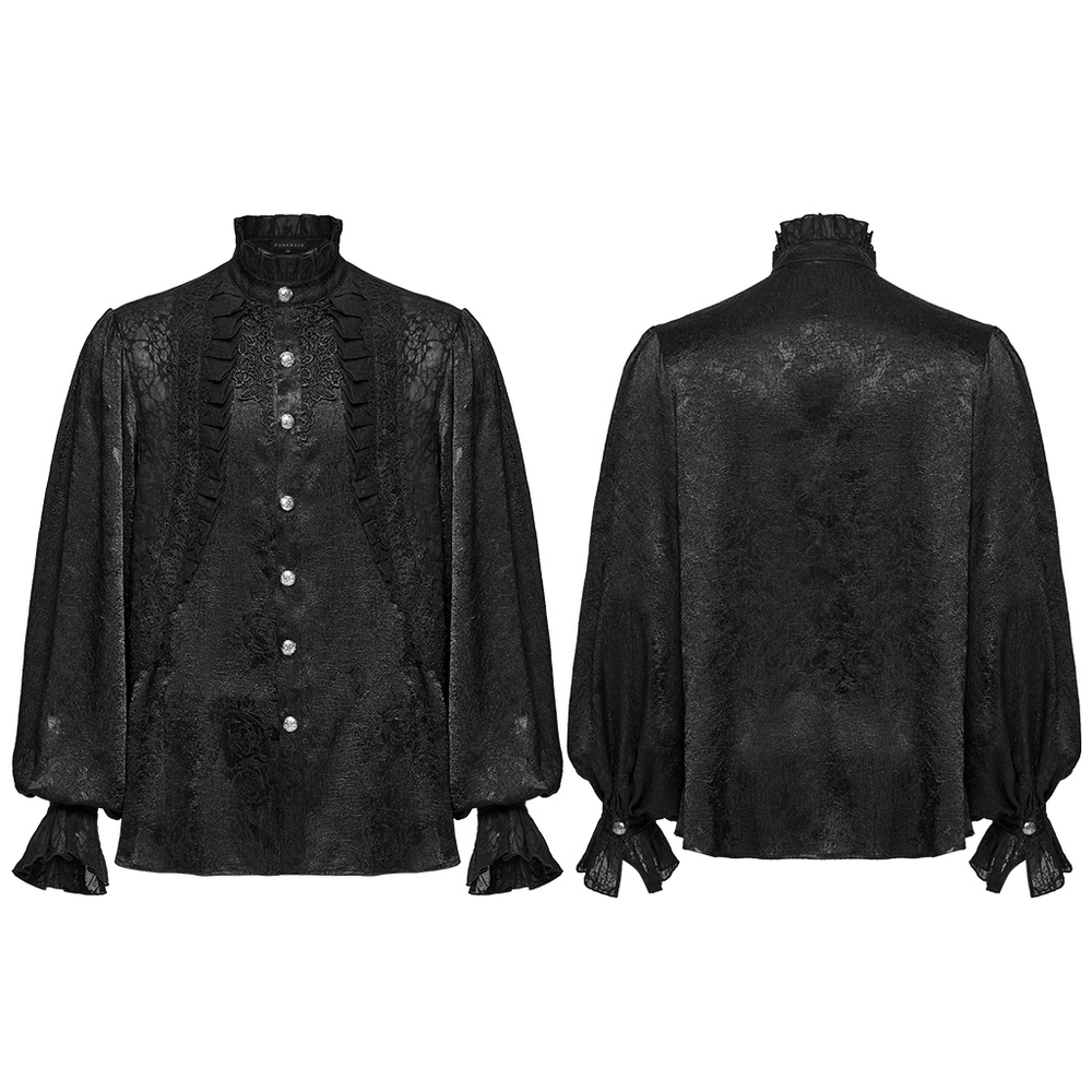 Gothic black Victorian shirt with lace, ruffled cuffs, and engraved buttons for elegant aristocratic style.