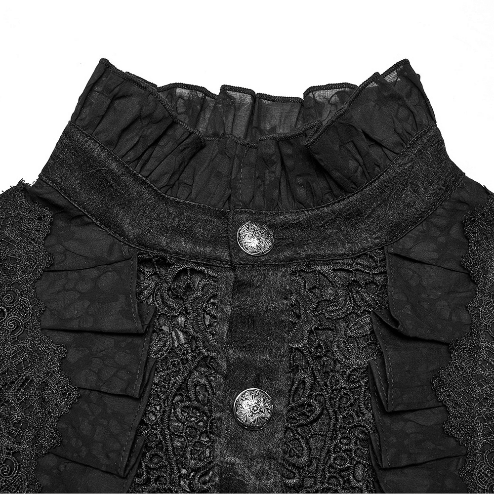 Male Victorian black shirt with ruffled cuffs, lace detailing, and engraved buttons for gothic elegance.