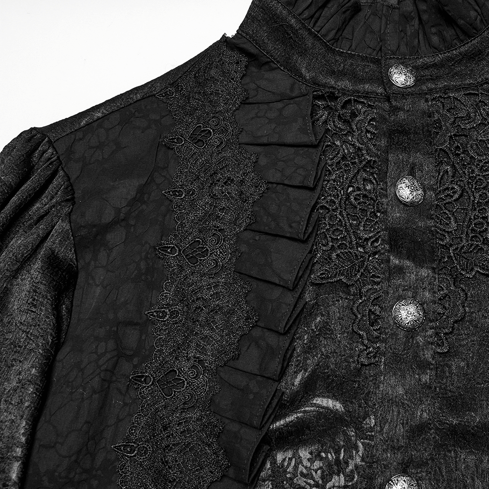Elegant male Victorian black shirt with lace details and engraved buttons, perfect for gothic fashion lovers.