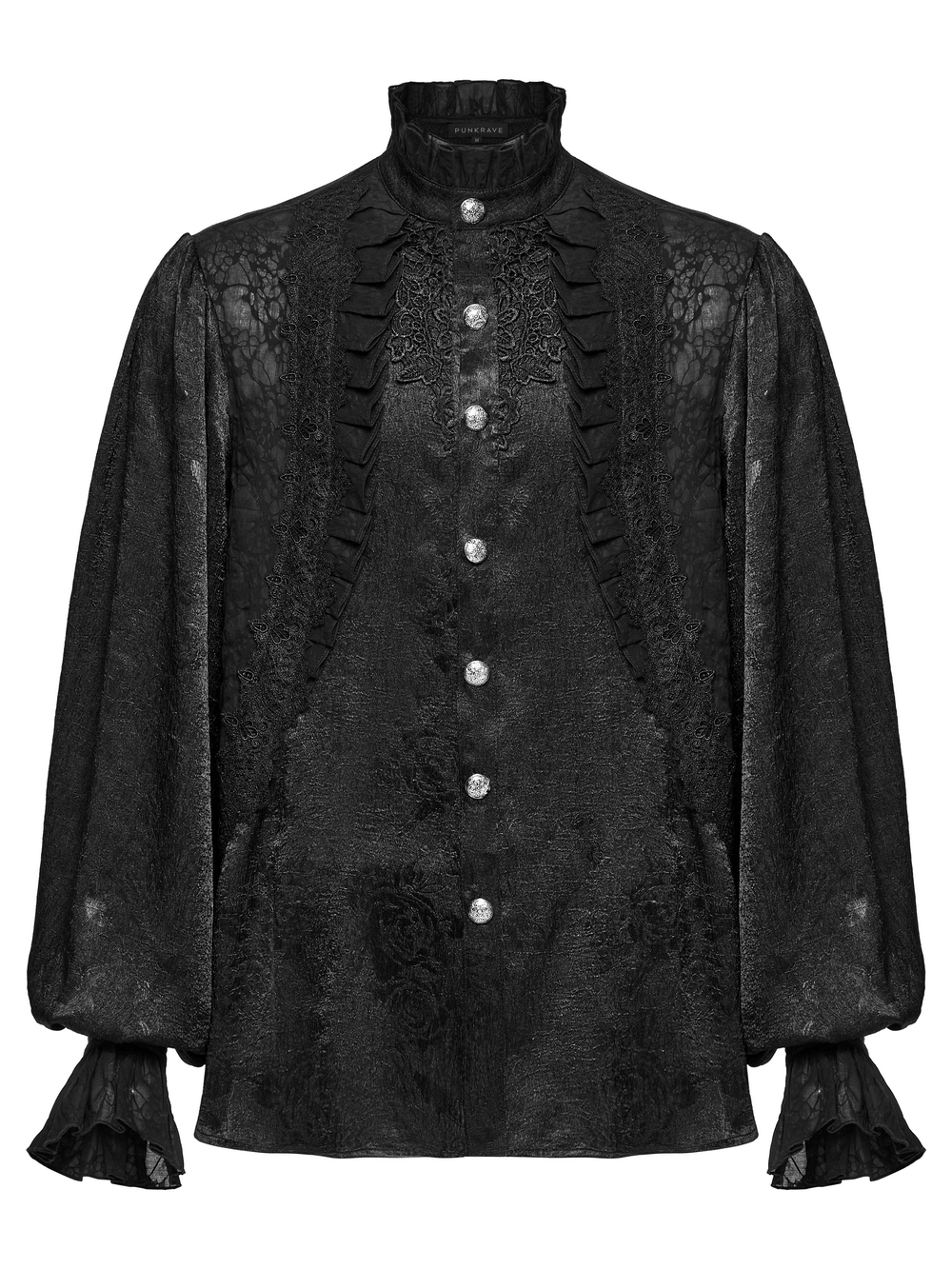 Gothic black Victorian shirt with lace, ruffled cuffs, and engraved buttons for a timeless fashion statement.