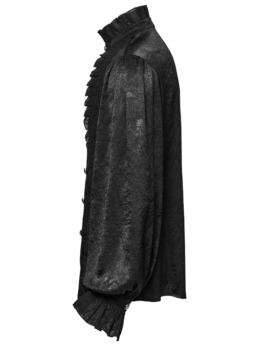 Elegant male Victorian black shirt with lace, ruffled cuffs, and engraved buttons for gothic fashion.