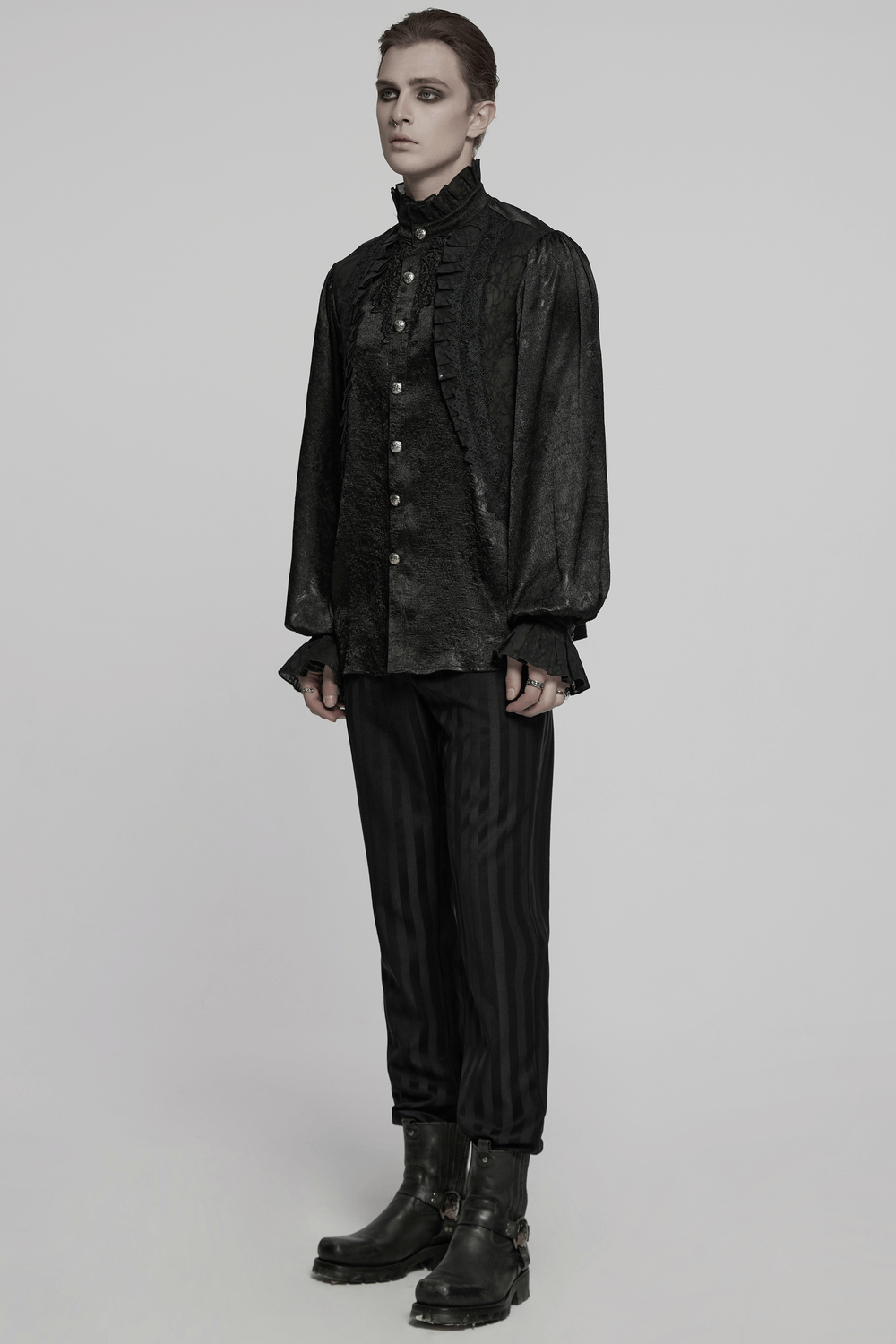 Male Victorian black shirt with lace and engraved buttons, featuring ruffled cuffs and gothic elegance.