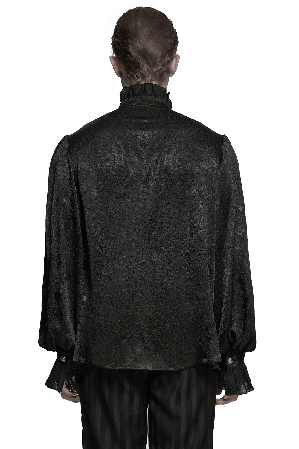 Back view of a Male Victorian black shirt with lace, ruffled cuffs, and intricate engraved buttons.