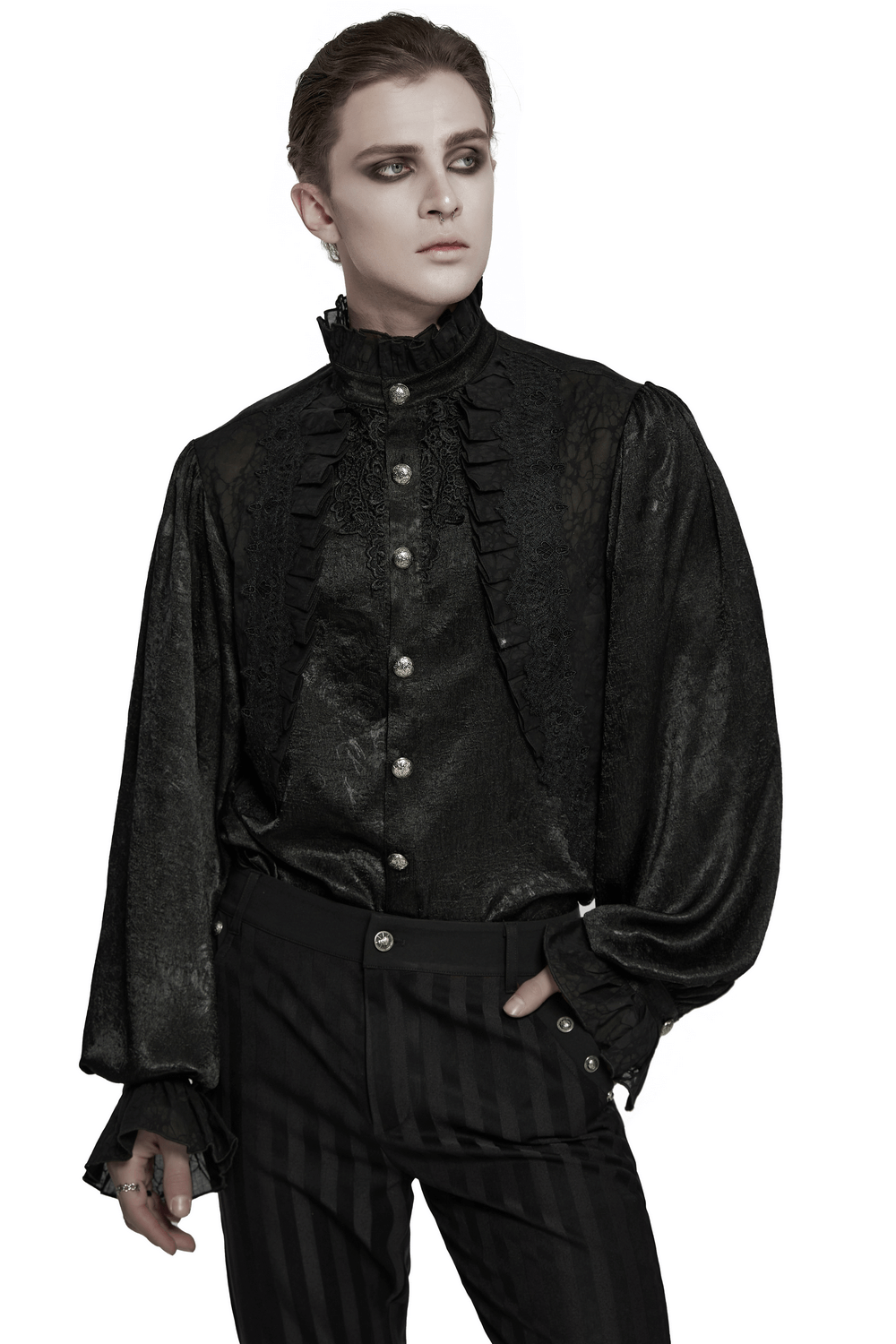 Gothic Victorian black shirt with lace, ruffled cuffs, and engraved buttons for a timeless vintage look.