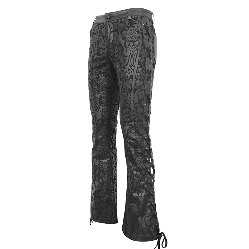 Men's vintage lace-up flared pants in gothic style, featuring intricate black patterns and a bold flared cut.