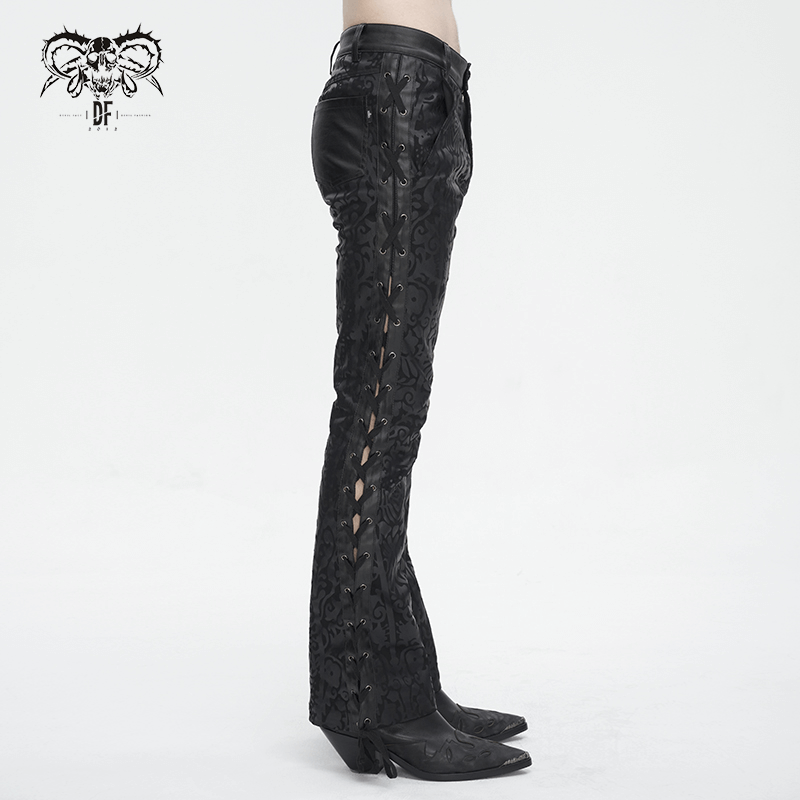 Male vintage lace-up flared pants with gothic patterns, showcasing intricate details and a bold style.