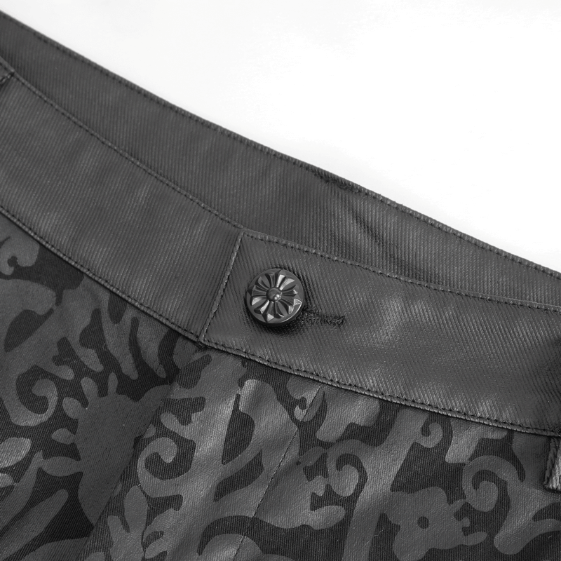 Close-up of the intricate button and waistband of male vintage lace-up flared pants in gothic style.