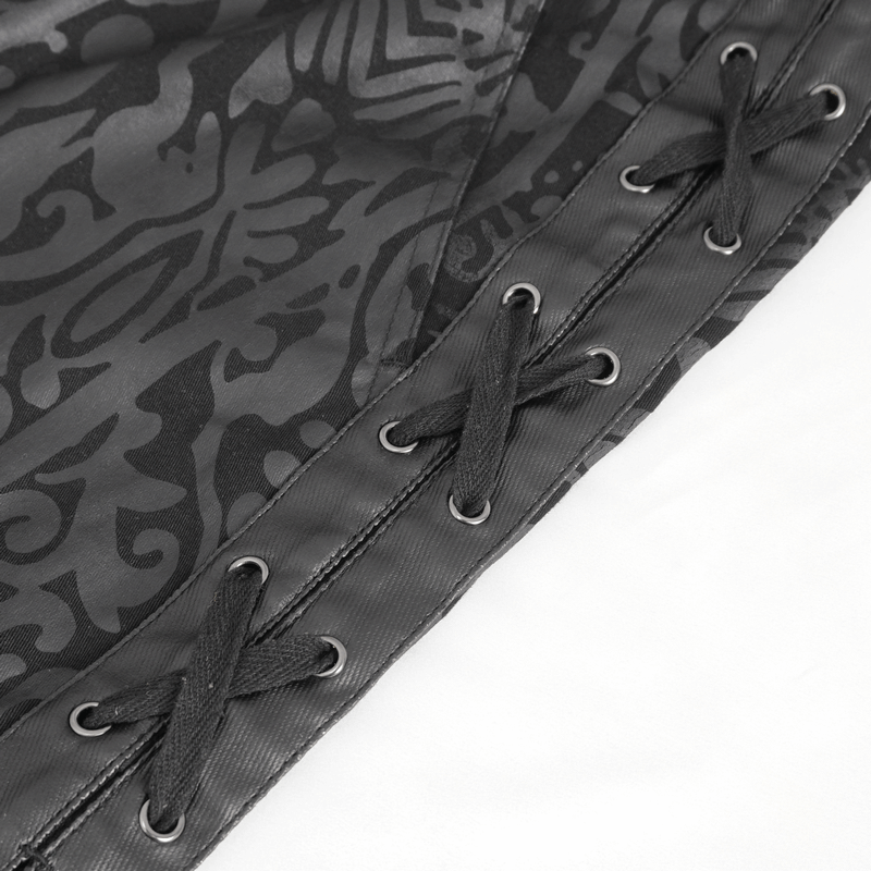 Close-up of the lace-up detail on male vintage gothic flared pants, showcasing intricate patterns and stylish design.
