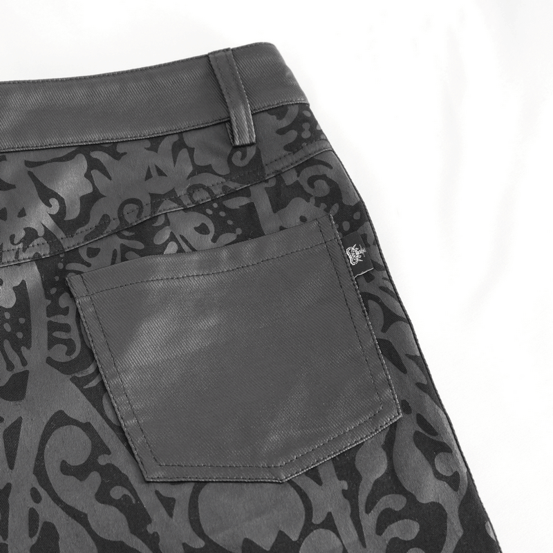 Close-up of male vintage pattern lace-up flared pants showcasing gothic design and detailed pocket.