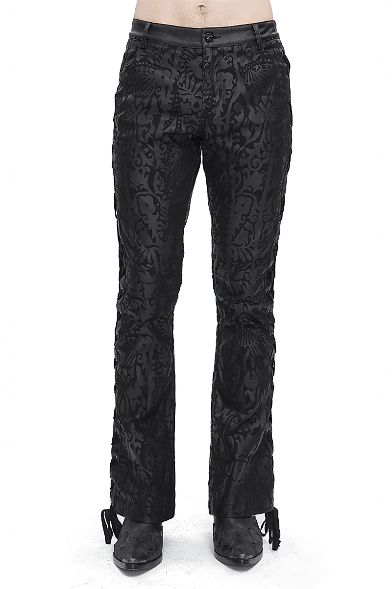 Male vintage lace-up flared pants in gothic style featuring intricate black patterns.