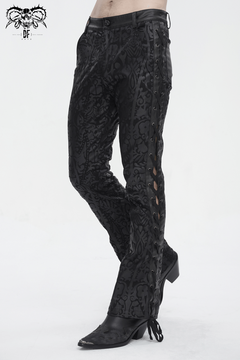 Male vintage lace-up flared pants in gothic style, showcasing intricate patterns and edgy details.