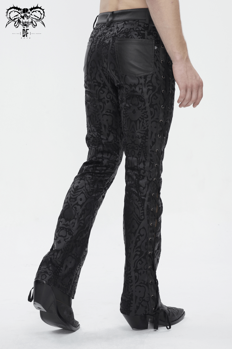 Back view of men's vintage lace-up flared pants in gothic style with elegant patterns and sleek leather accents.