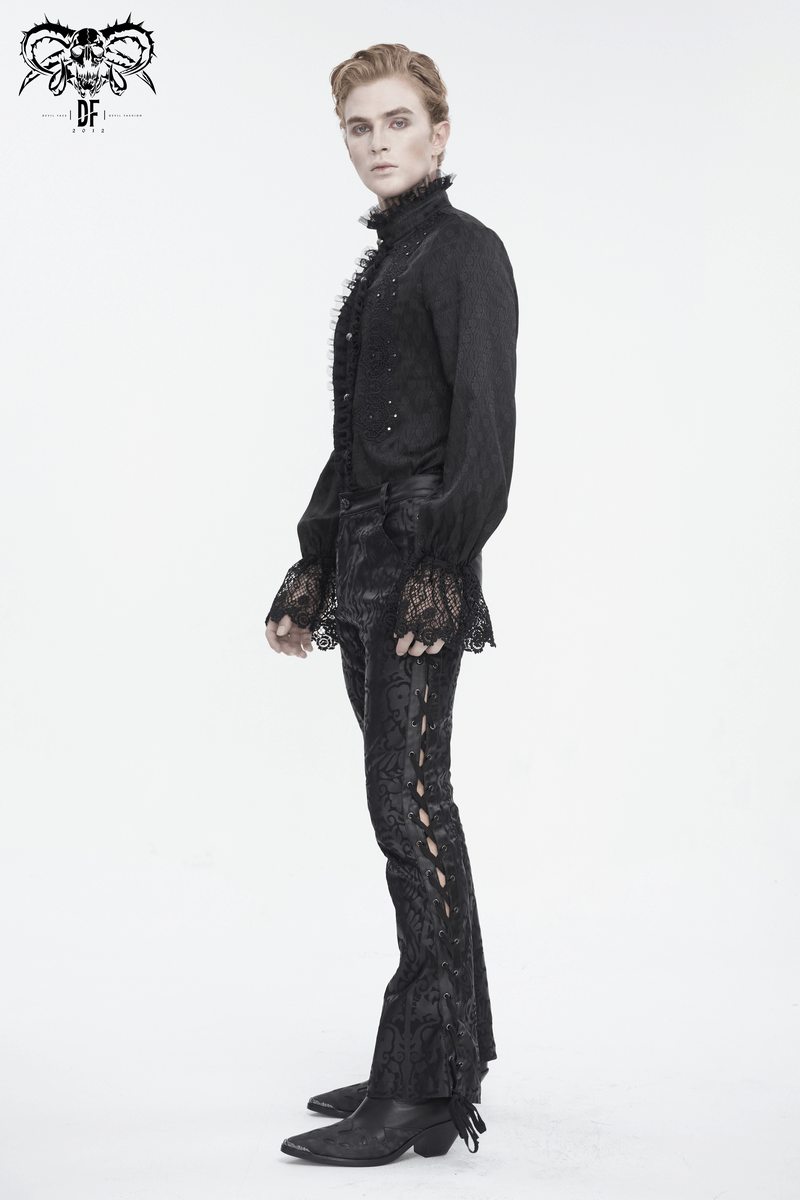 Stylish model in gothic vintage lace-up flared pants, showcasing edgy elegance with intricate patterns.