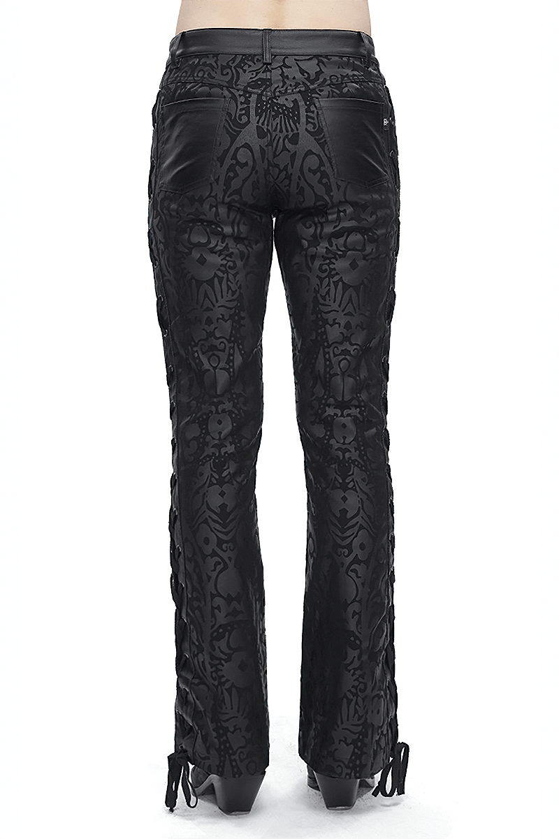 Back view of male vintage pattern lace-up flared pants in gothic style showcasing intricate design details.