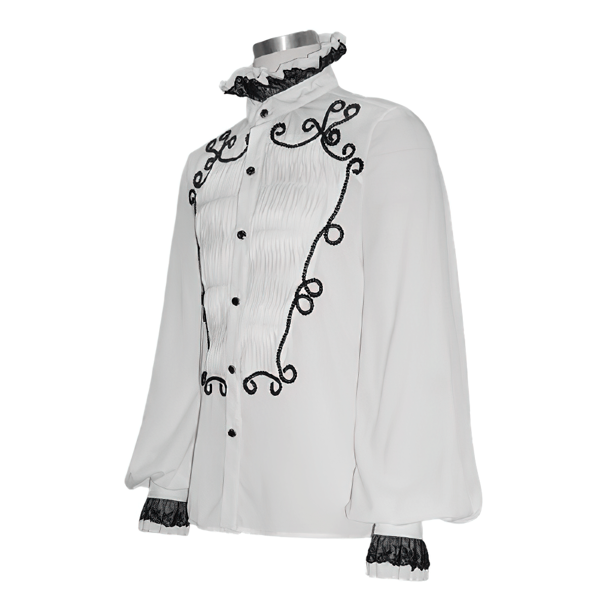 Men's white gothic style shirt with lace and decorative scrolls on collar and cuffs.