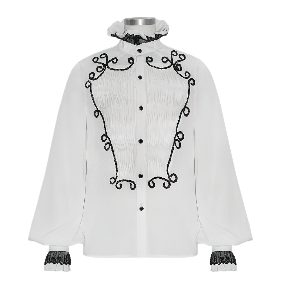 Men's white gothic vintage shirt with lace collar and cuffs, detailed with black decorative elements.