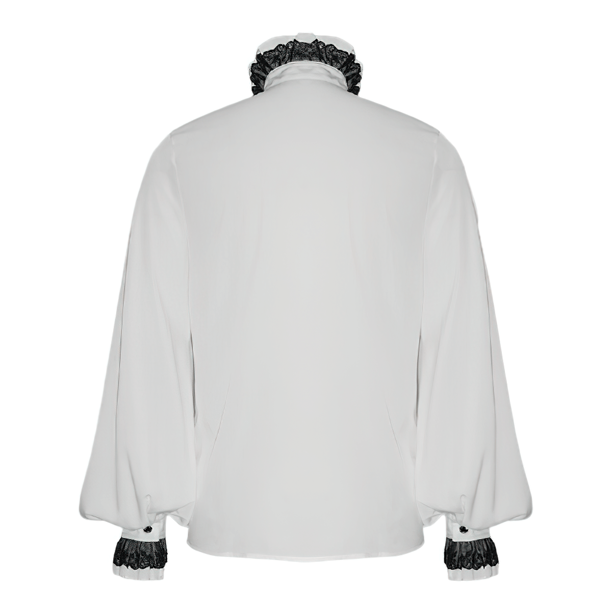 Back view of a men's white vintage gothic shirt with lace details on collar and cuffs.