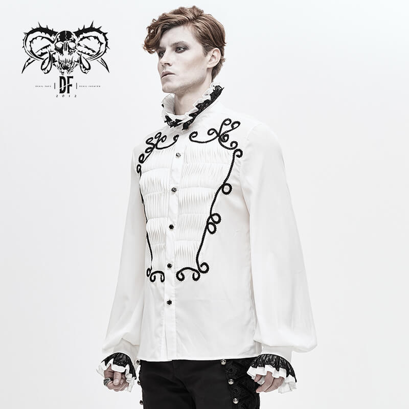Stylish male model wearing a white Gothic vintage shirt with lace details on collar and cuffs.