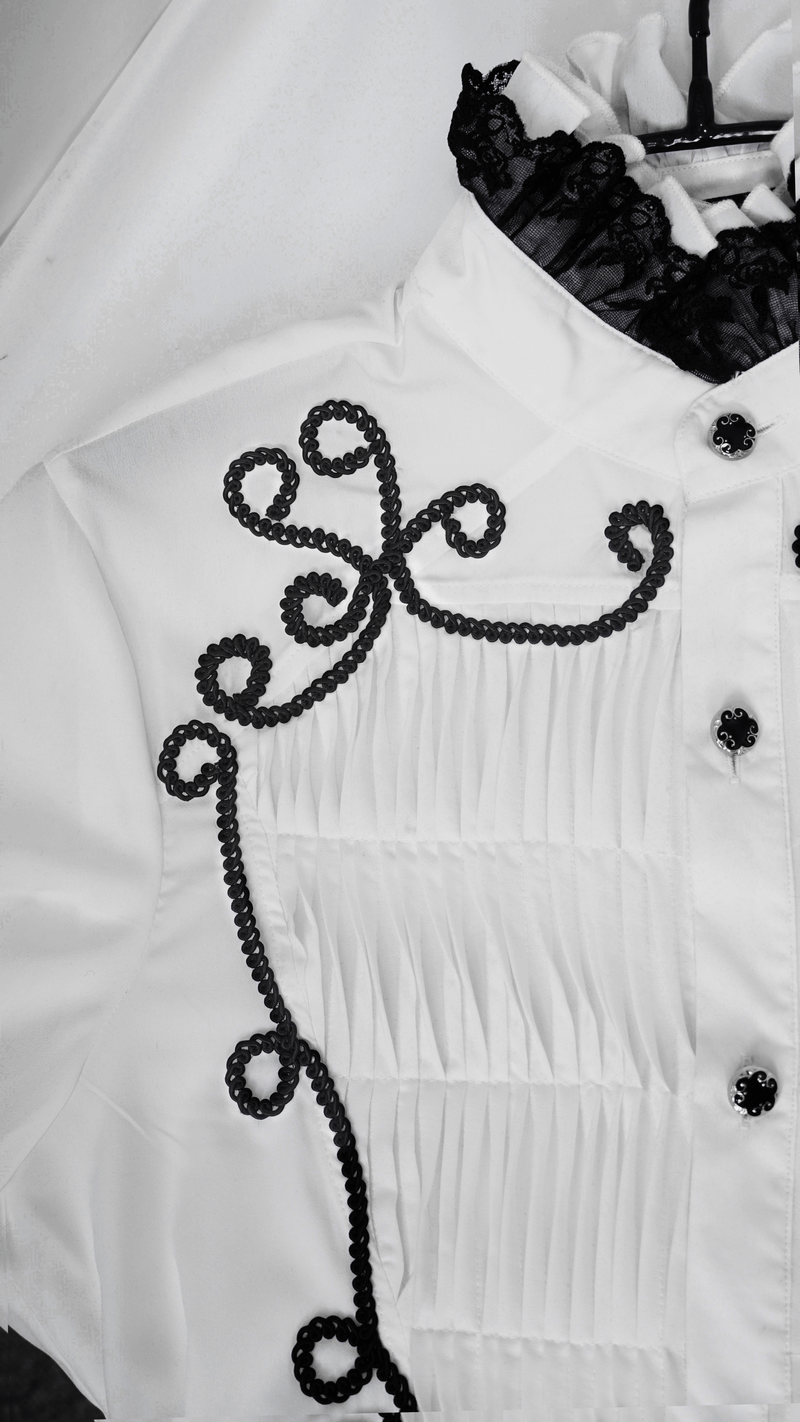 Men's white vintage gothic shirt with lace collar and decorative black trim.
