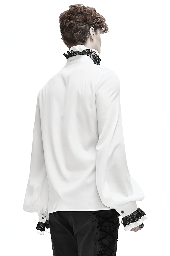 Male White Long Sleeve Shirt in Gothic Style / Vintage Men's Shirt with Lace on Collar and Cuffs - HARD'N'HEAVY