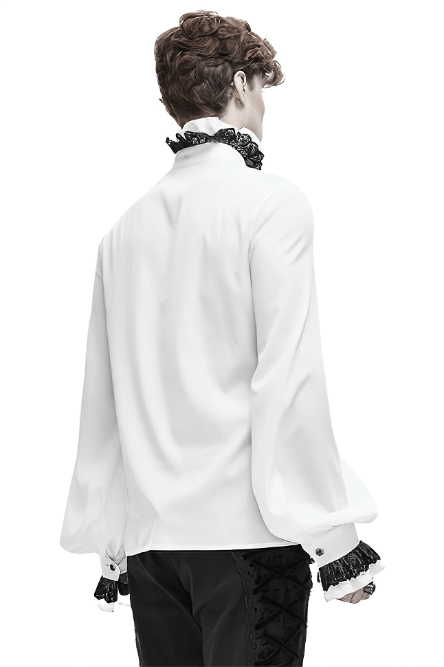 Back view of a men's vintage white shirt with gothic lace accents on collar and cuffs, featuring a retro style.