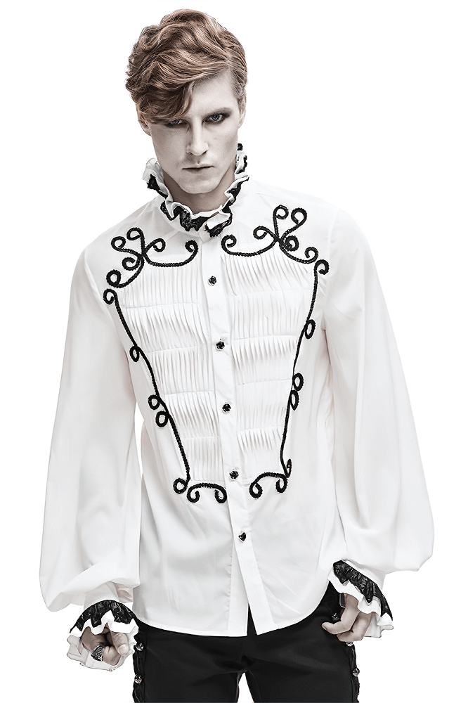 Male White Long Sleeve Shirt in Gothic Style / Vintage Men's Shirt with Lace on Collar and Cuffs - HARD'N'HEAVY