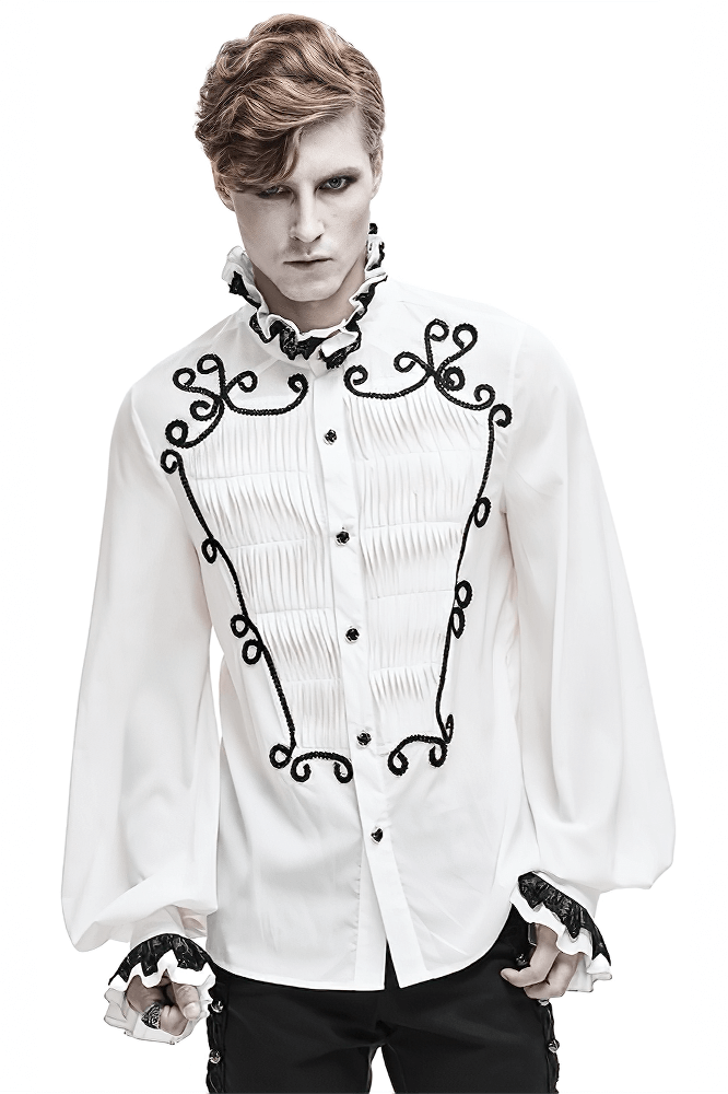Men's white gothic shirt with lace collar and cuffs, featuring vintage style and decorative black embroidery.