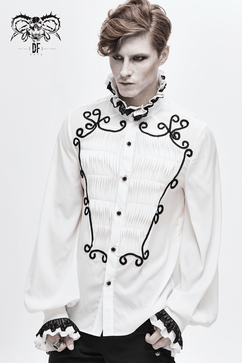 Gothic style white long sleeve shirt with lace collar and cuffs, showcasing vintage fashion for men.