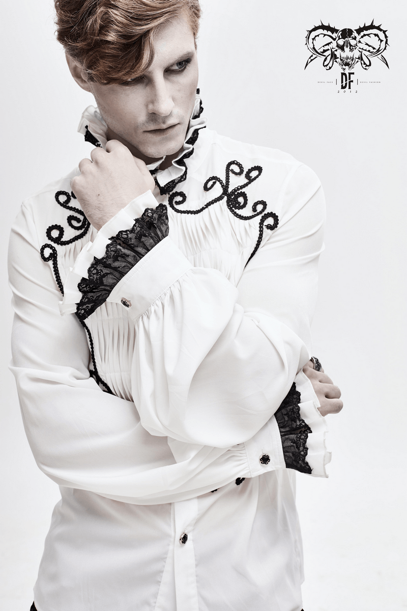 Men's white gothic-style shirt with lace detail on collar and cuffs, showcasing a vintage look and luxurious fabric.