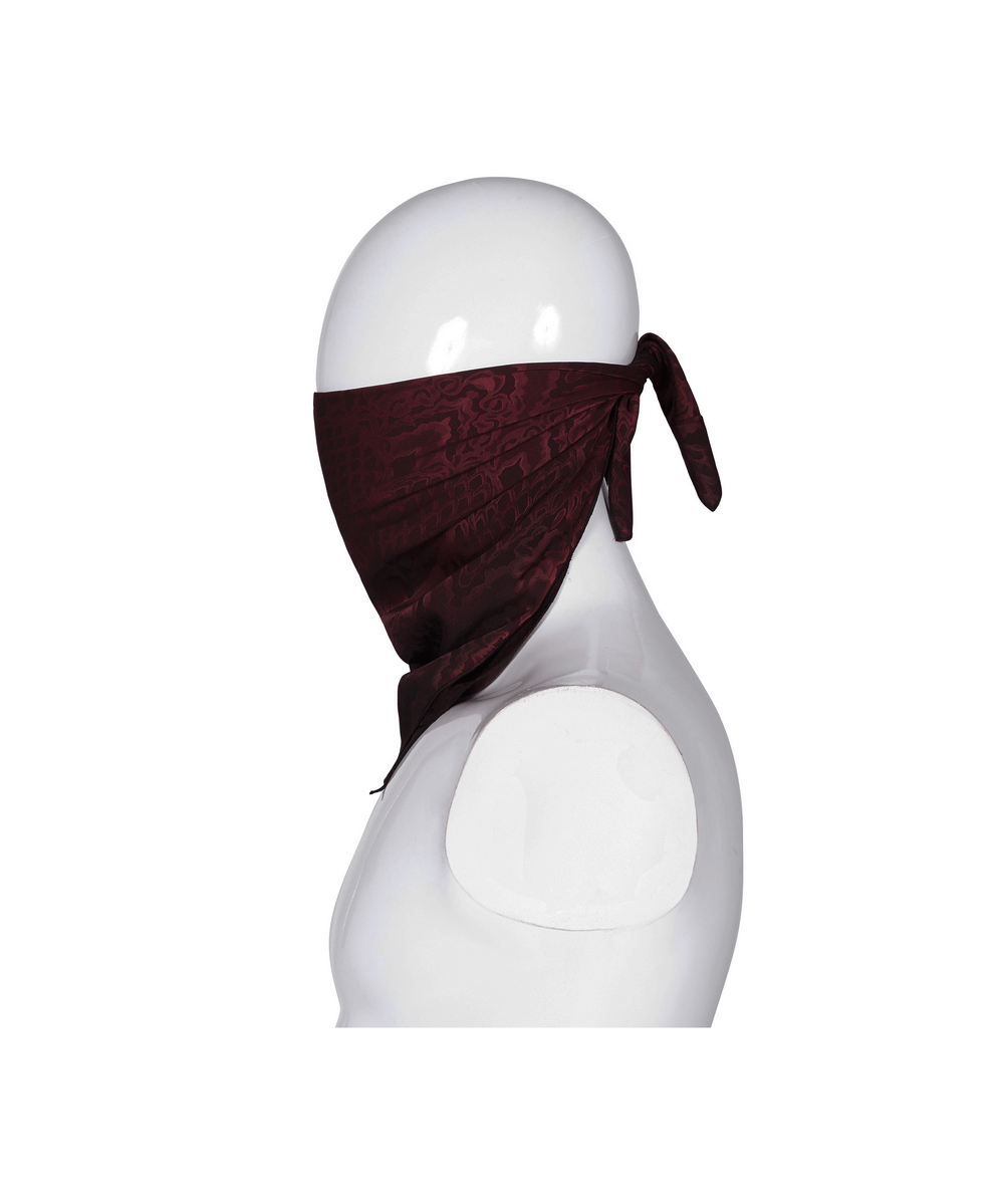 Wine red gothic jacquard bandana worn as a face mask on a mannequin, perfect for a dramatic, vampire-inspired look.