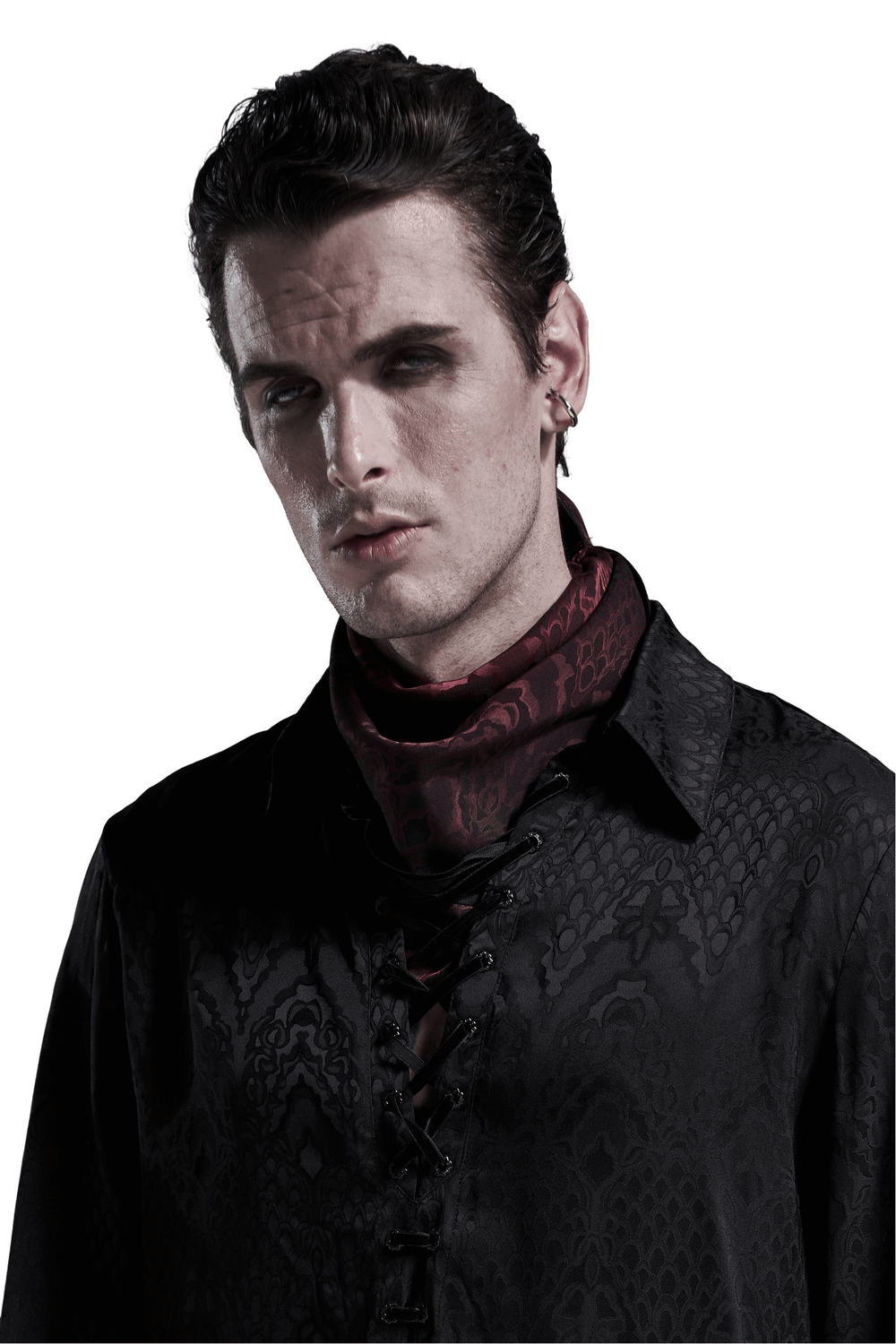Male model wearing a gothic wine-red jacquard triangular bandana and black shirt, exuding a dramatic vampire look.