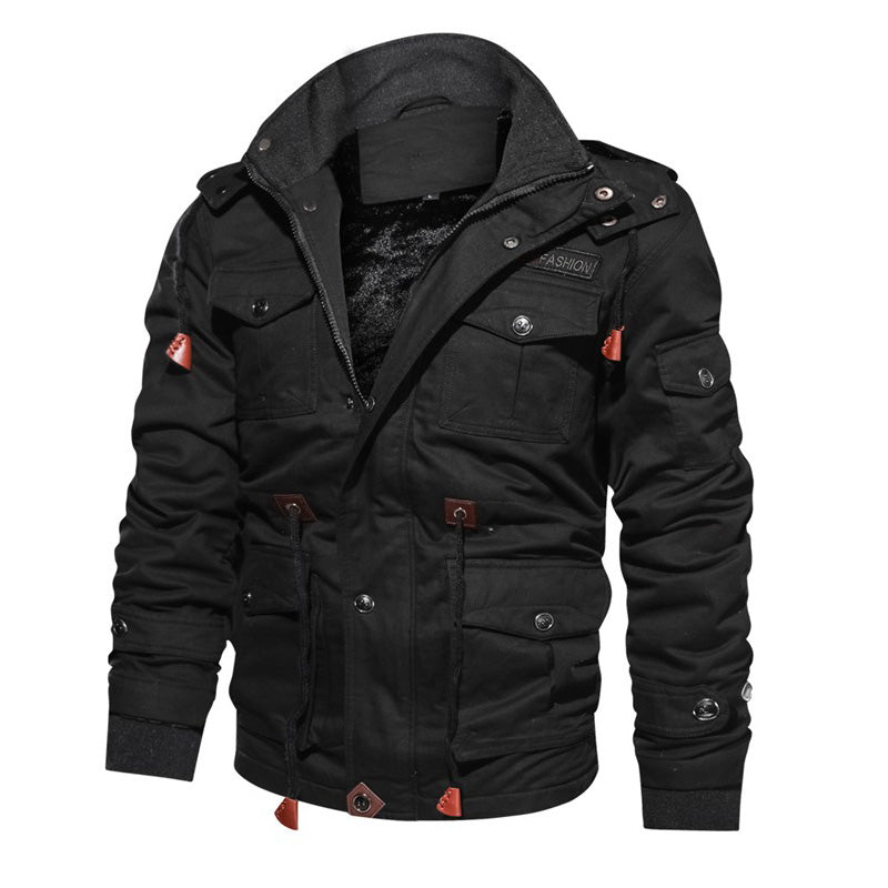 Stylish male winter fleece jacket in black with multiple pockets and a warm interior, perfect for cold weather fashion.