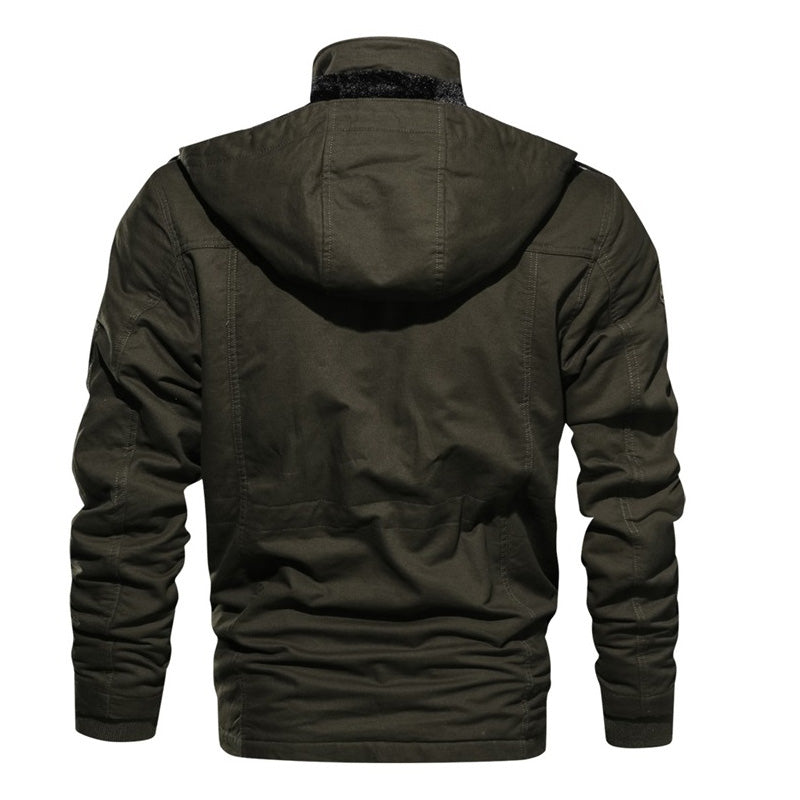 Male winter fleece jacket in olive green, showcasing a warm hood and stylish design, perfect for cold weather outings.