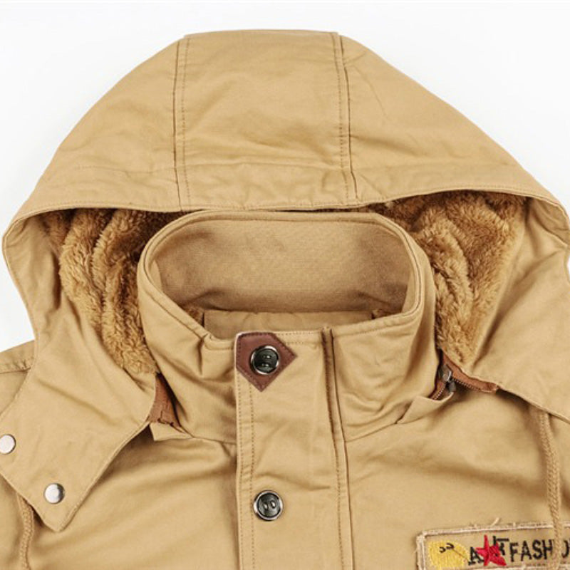 Close-up of a warm, khaki male winter fleece jacket with a hood and soft lining, perfect for cold weather fashion.
