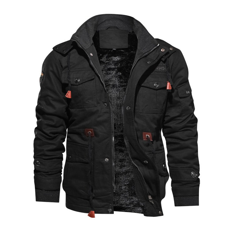 Stylish male winter fleece jacket in black with multiple pockets and a warm hood for casual winter fashion.
