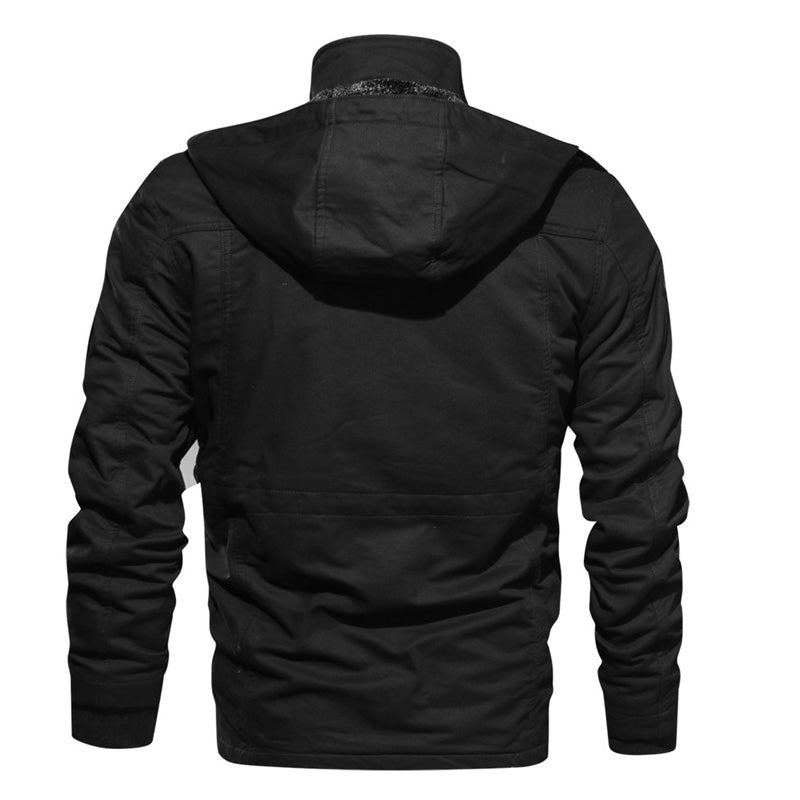 Back view of a black male winter fleece jacket with hood, showcasing its casual fashion and military style.