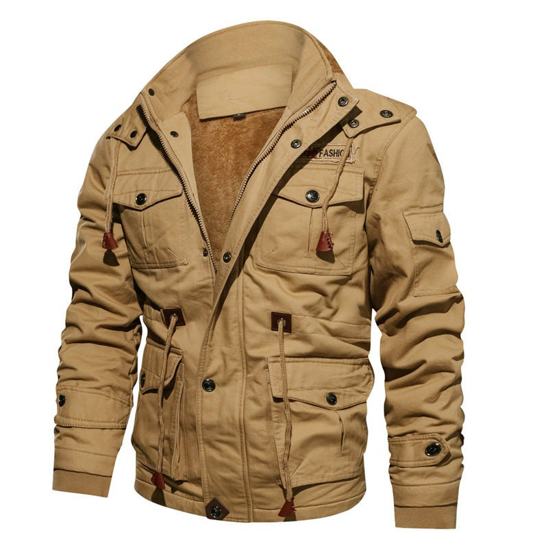 Stylish male winter fleece jacket in khaki with multiple pockets and warm insulation, perfect for casual fashion.