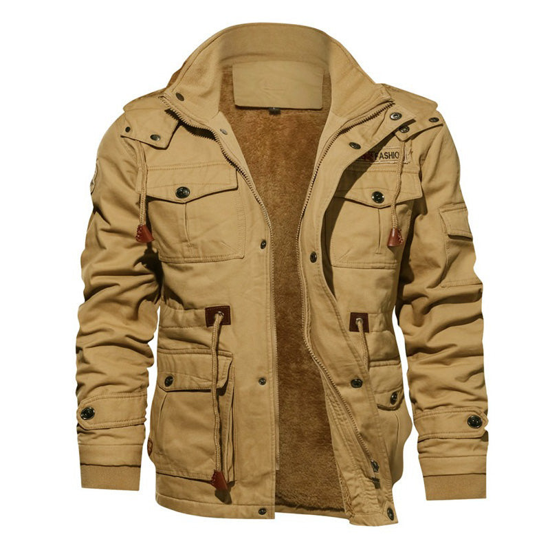 Men's casual winter fleece jacket in khaki with multiple pockets and warm lining, perfect for cool weather.