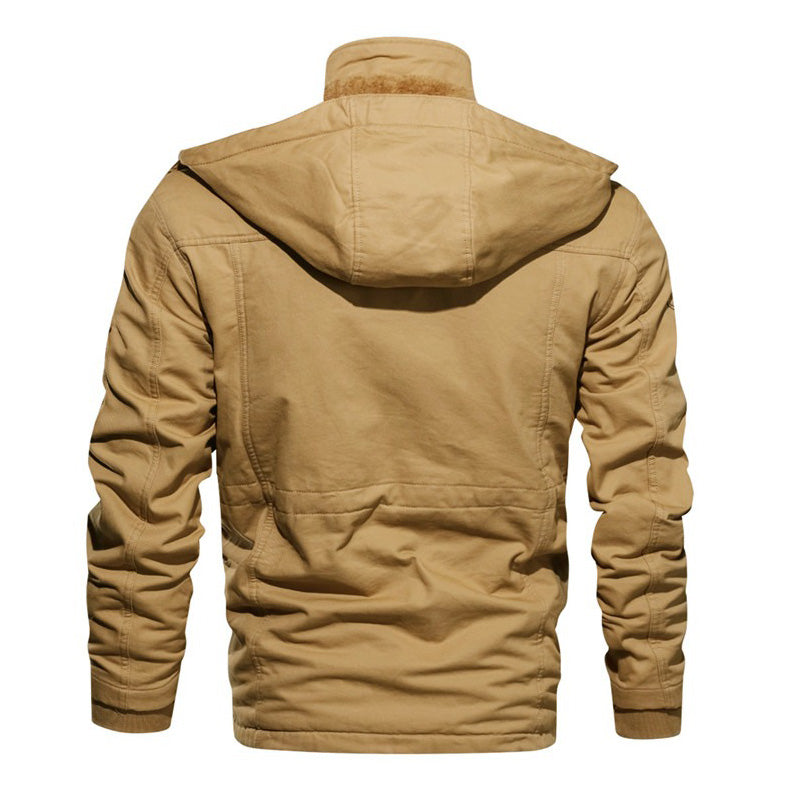 Back view of a men's warm hooded khaki fleece jacket, perfect for casual winter style with multiple pockets.