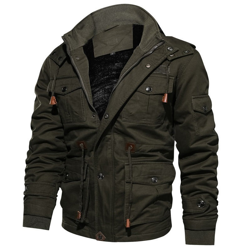 Men's winter fleece jacket in green with multiple pockets and thermal insulation for style and warmth.