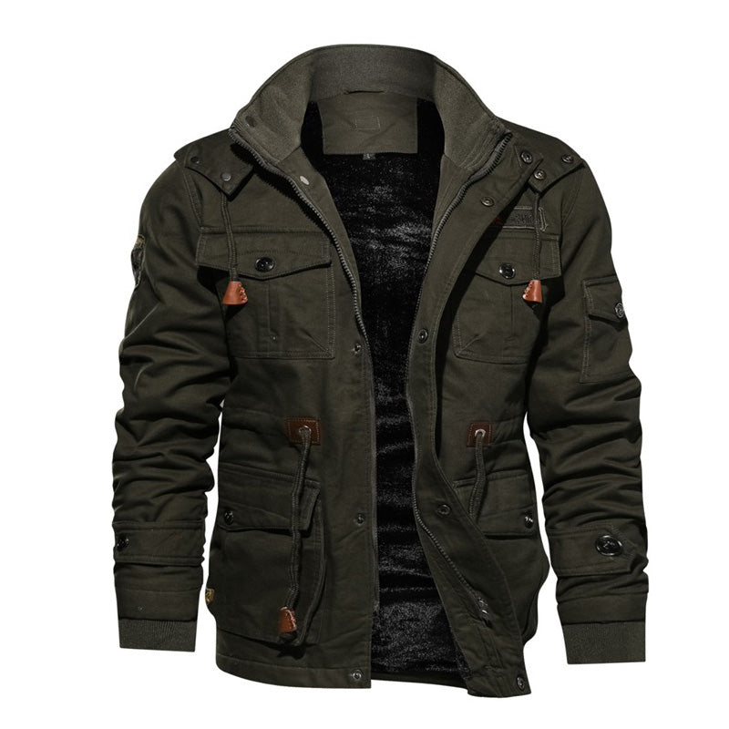Men's military-style winter jacket in dark green, featuring multiple pockets and warm fleece lining.