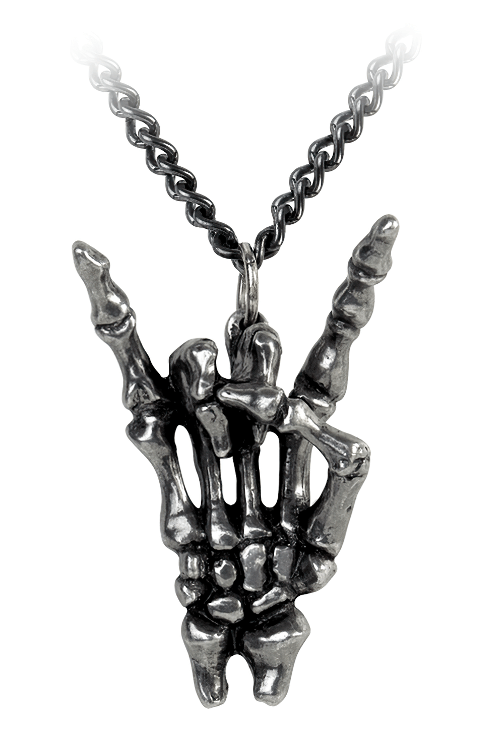 Maloik skeletal hand pendant in antiqued pewter, showcasing the Sign of the Horns for protection and rock spirit.