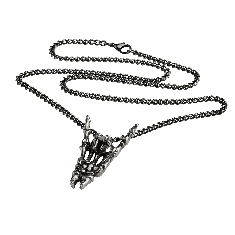Maloik skeletal hand pendant in antiqued pewter, symbolizing protection and rock 'n roll style, on a black chain.
