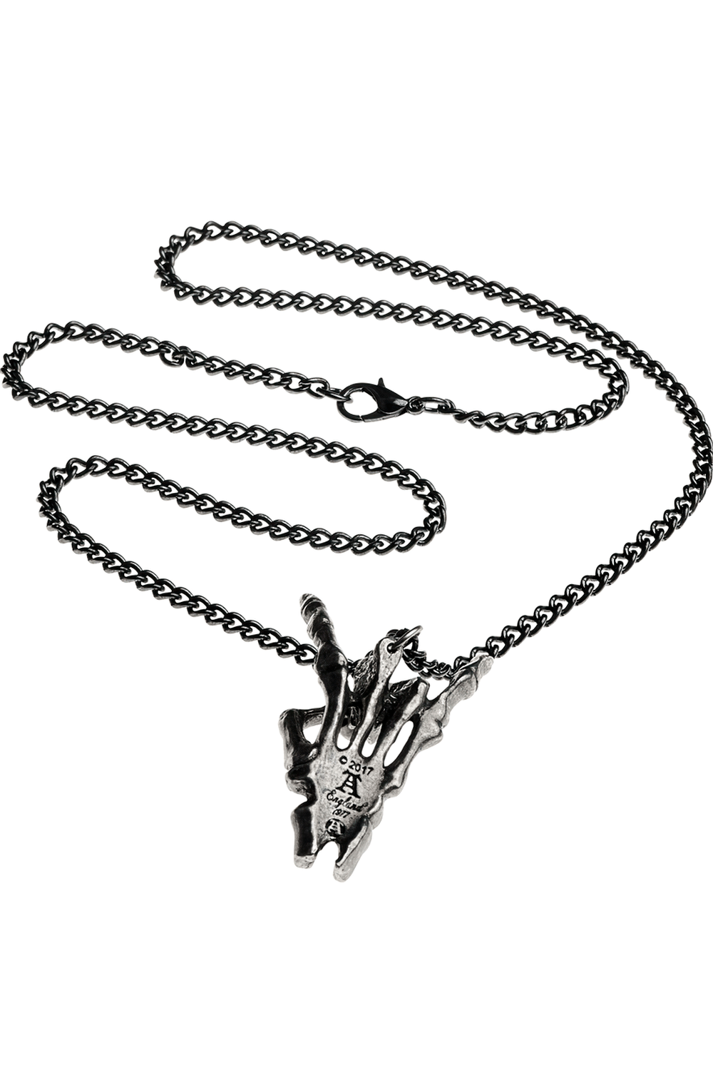Maloik Sign of the Horns skeletal hand pendant in antiqued pewter on a black chain, symbol of protection and rock spirit.