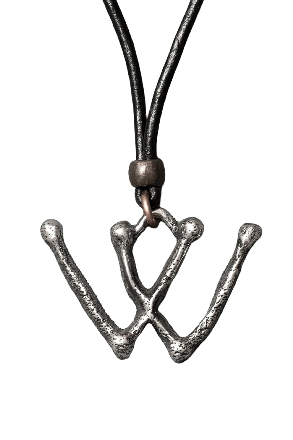 Marian Mark Pewter Amulet Gothic Protection Necklace in gray on a black cord, featuring a unique apotropaic design.